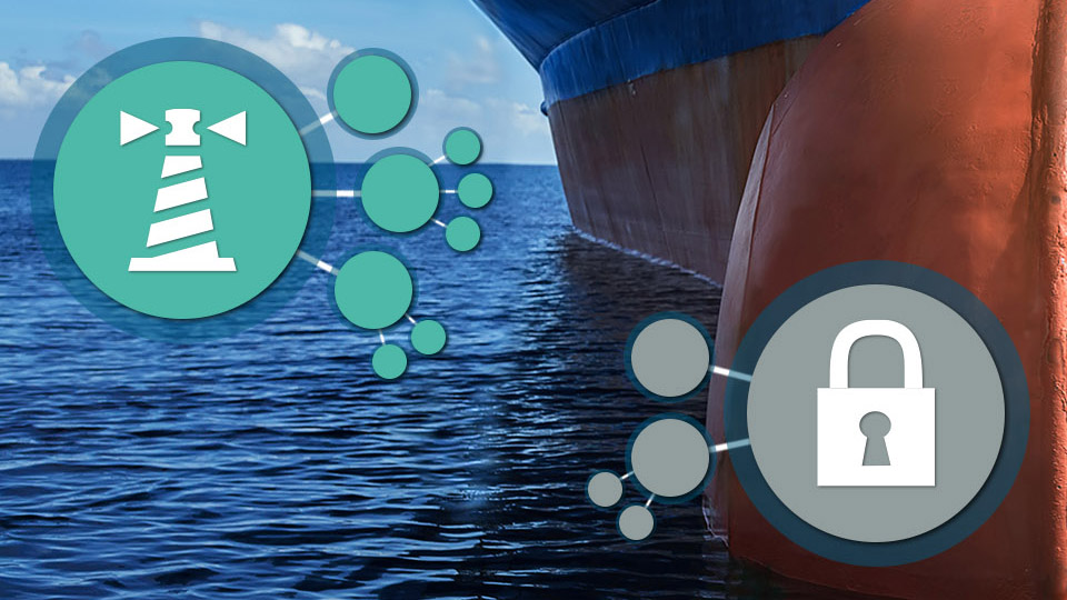 Starboard side of a ship's bow with icons for navigational and security performance indicators used in the BIMCO Shipping-KPI