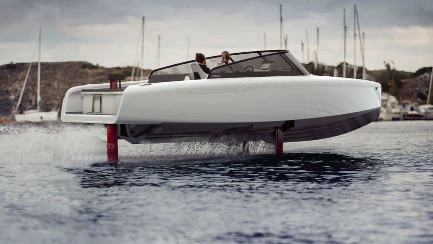 Candela C-8 flies on computer-guided hydrofoils. With a top speed of 30 knots and a cruise speed of 24 knots, it rivals fossil fuel powerboats in terms of performance while offering a whisper quiet ride and far better comfort.